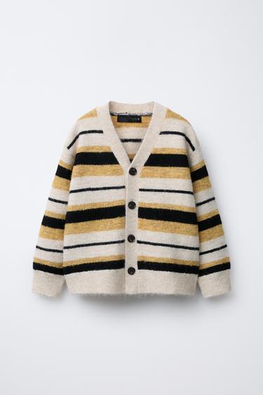 Zara STRIPED KNIT CARDIGAN - Sand / Black