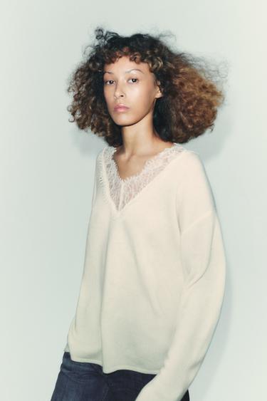 WOOL BLEND LACE KNIT SWEATER - Ecru by Zara