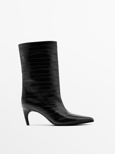 Botín tacón piel grabada - Negro de Zara