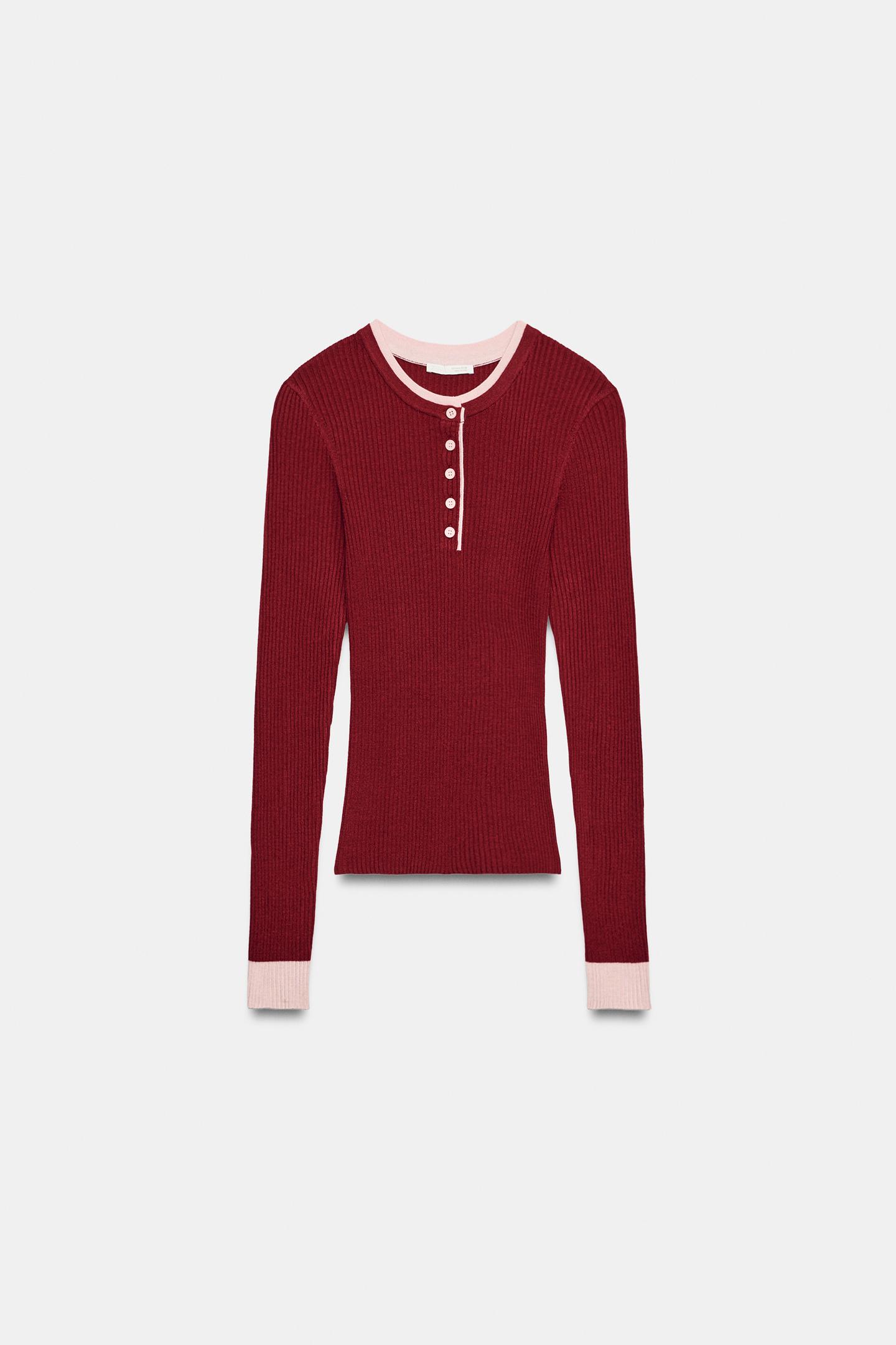 Женский топ Zara Contrast Layered Henley Top, цвет: Тёмно-бордовый — фото 6