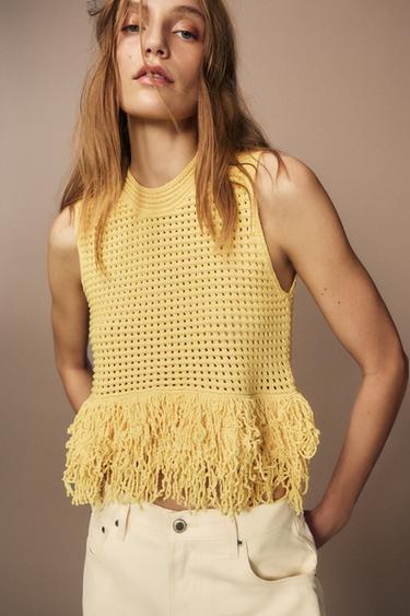 Zara FRINGED CHECKERED KNIT TOP - Yellow