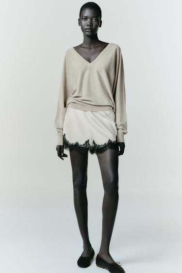 Zara SATIN CONTRAST LACE SHORTS ZW COLLECTION - Black / White