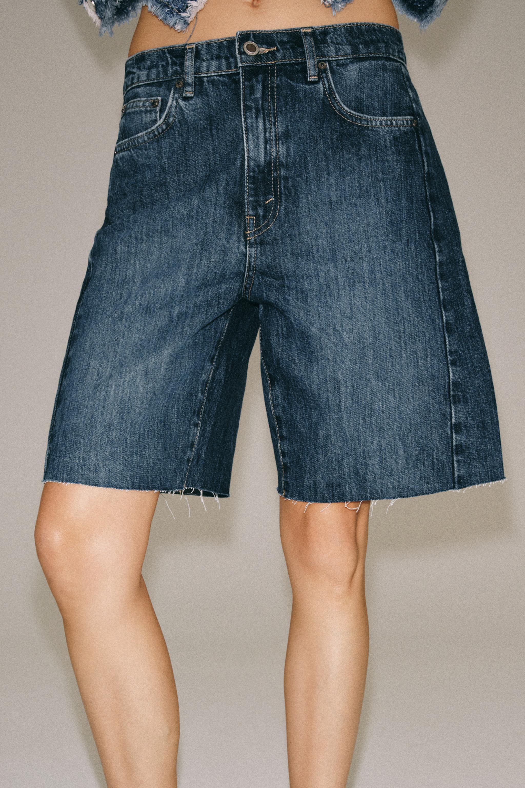 Zara ZW COLLECTION RELAXED FIT ORTA BEL DENIM BERMUDA görsel 5
