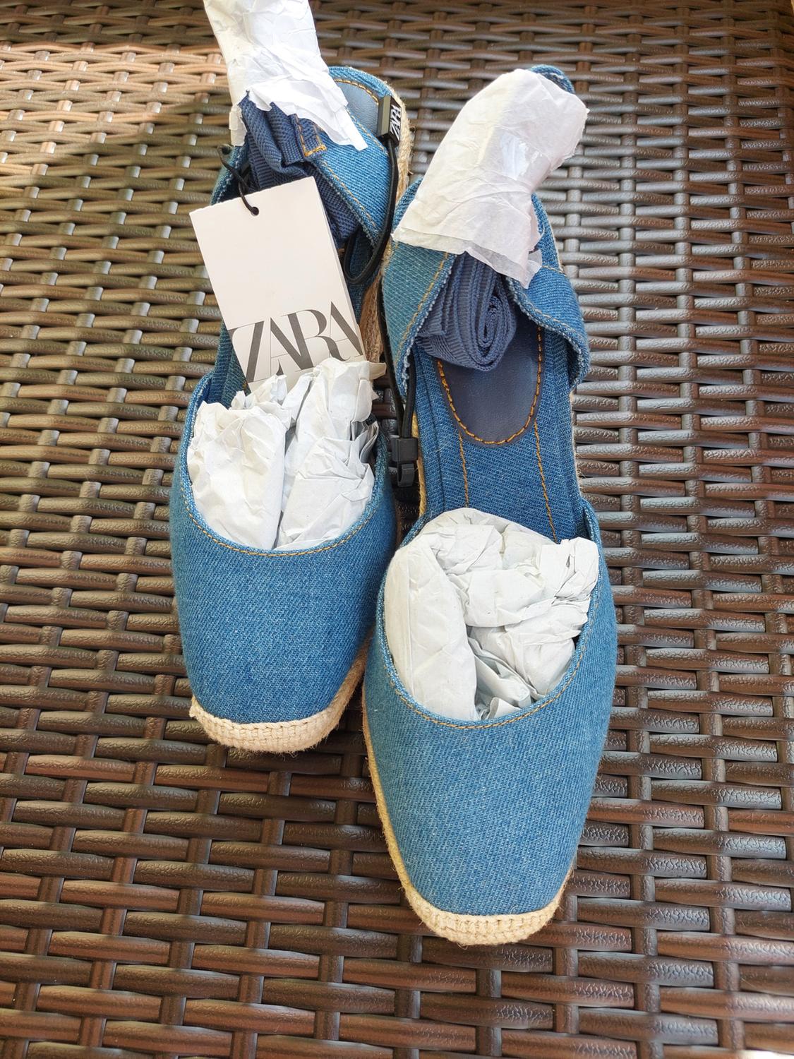LACE UP DENIM WEDGE HEEL SHOES