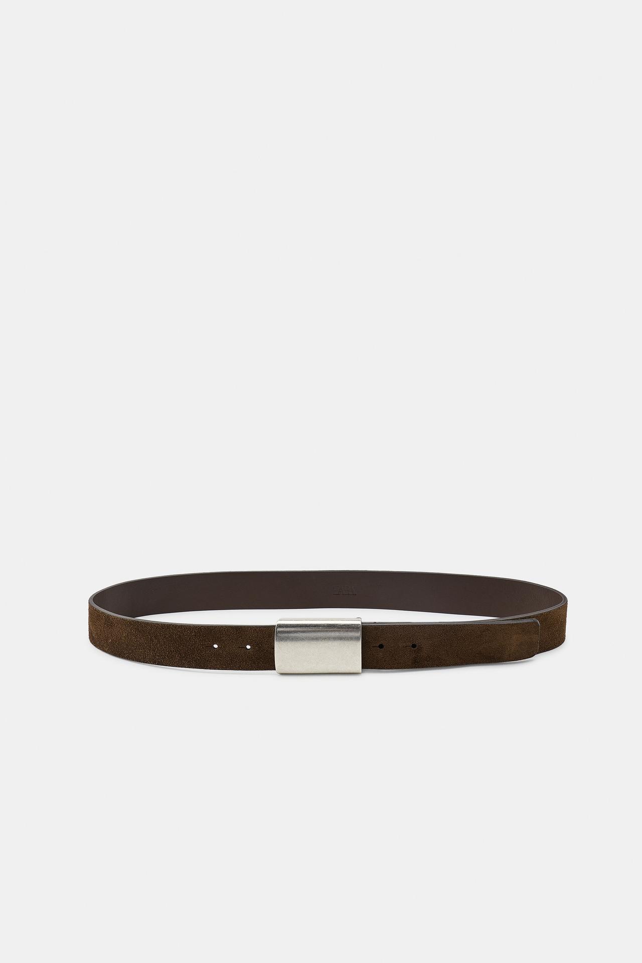 100% SUEDE LEATHER BELT WITH PLATE BUCKLE — Chocolate