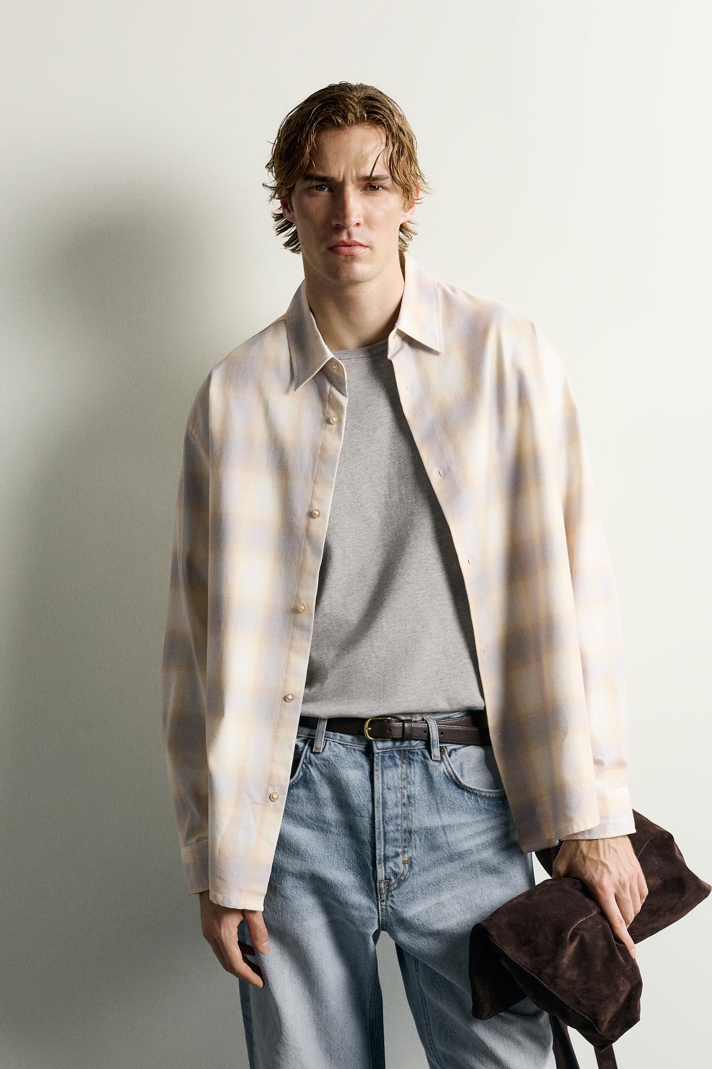 Мужская рубашка Zara Relaxed Fit Plaid, цвет: Экрю / Жёлтый — фото 2