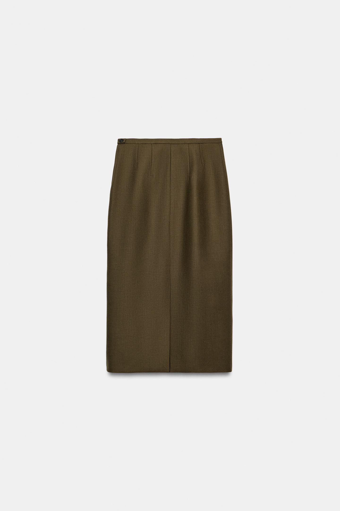Женская юбка Zara 100% Wool Straight Skirt ZW Collection, цвет: Хаки — фото 7