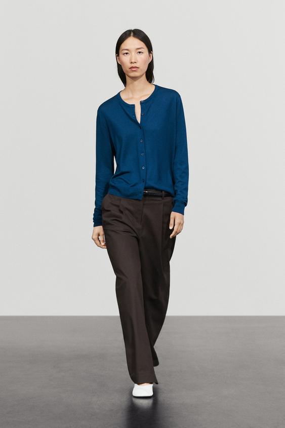 Zara Fine-knit round neck cardigan - Bluish - Image 0