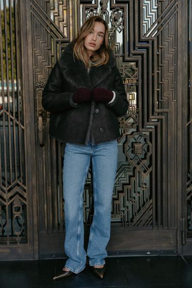 Zara REVERSIBLE FAUX FUR SHORT COAT - Black