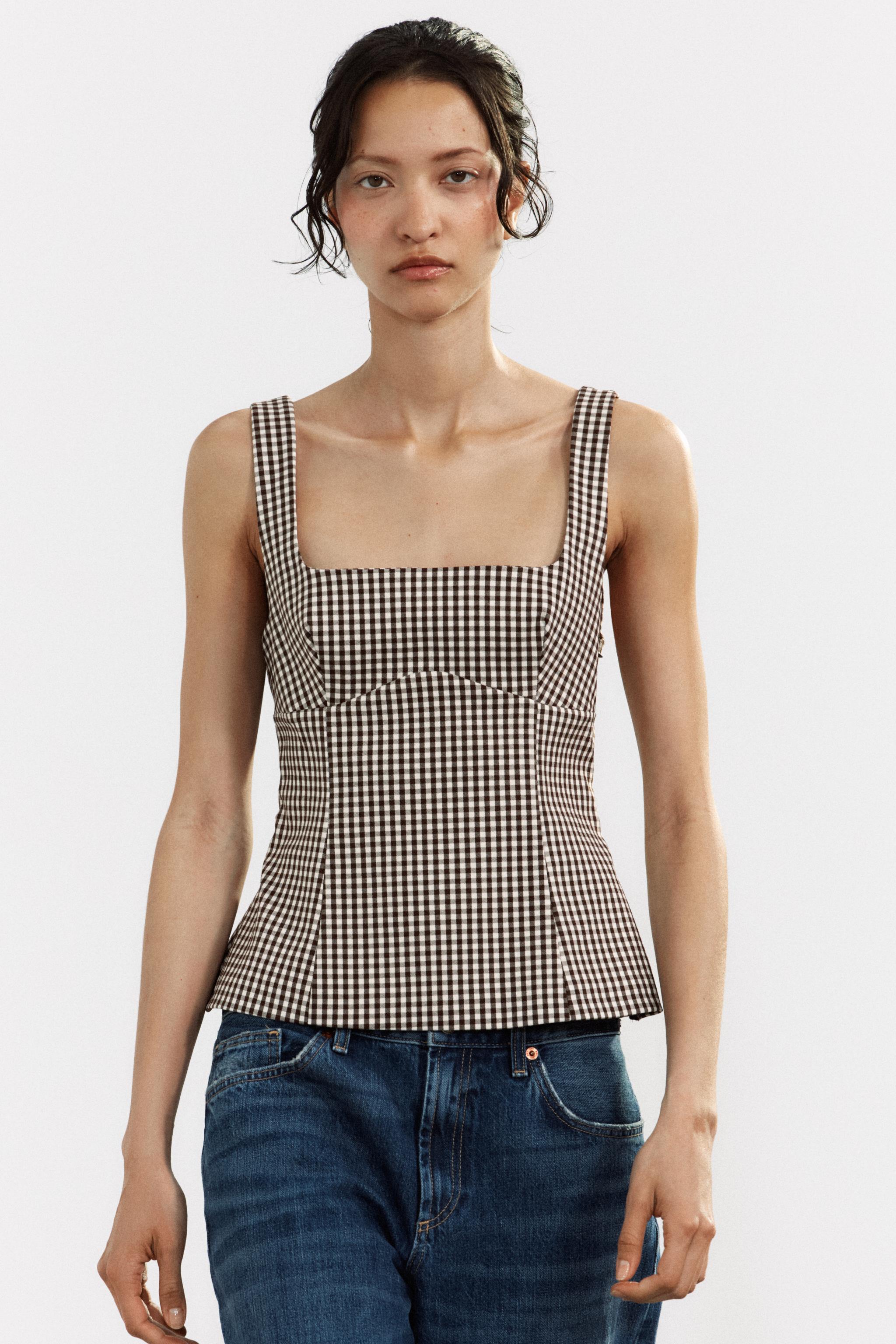 ギンガムチェックトップス - ブラウン/ホワイト | ZARA Japan / 日本 ギンガムチェックトップス - ブラウン/ホワイト | ZARA Japan / 日本