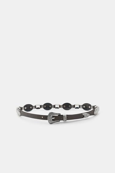 100% LEATHER CONTRAST PLATE BELT - Brown by Zara