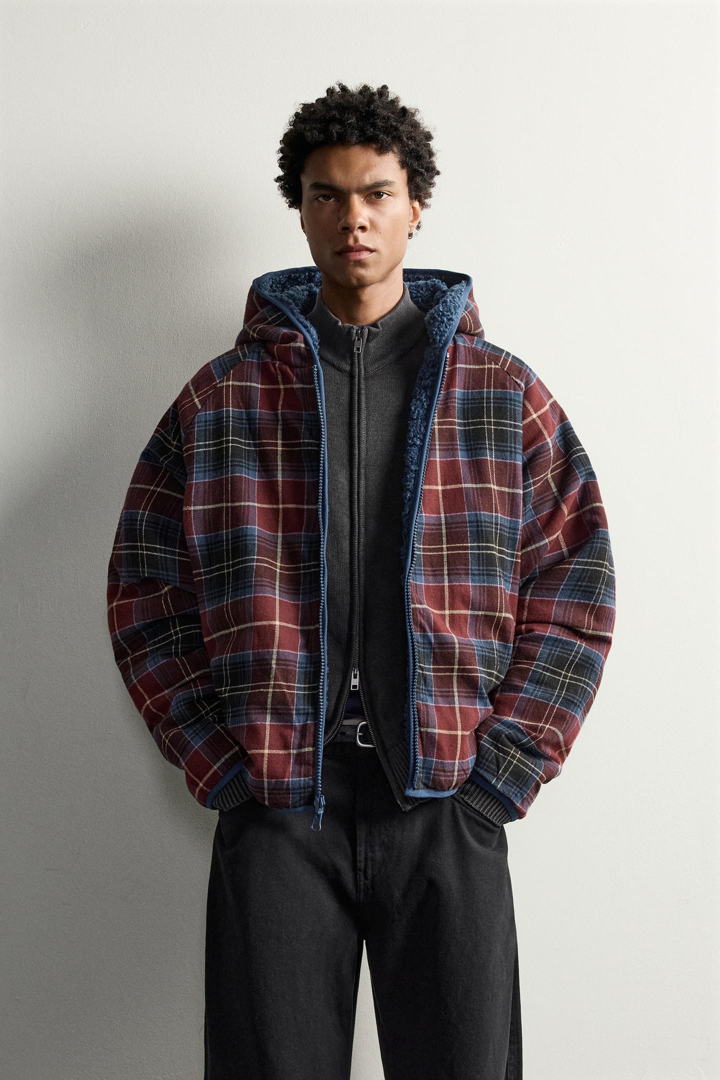 Мужская куртка Zara Reversible Check Shearling, цвет: Синий — фото 3