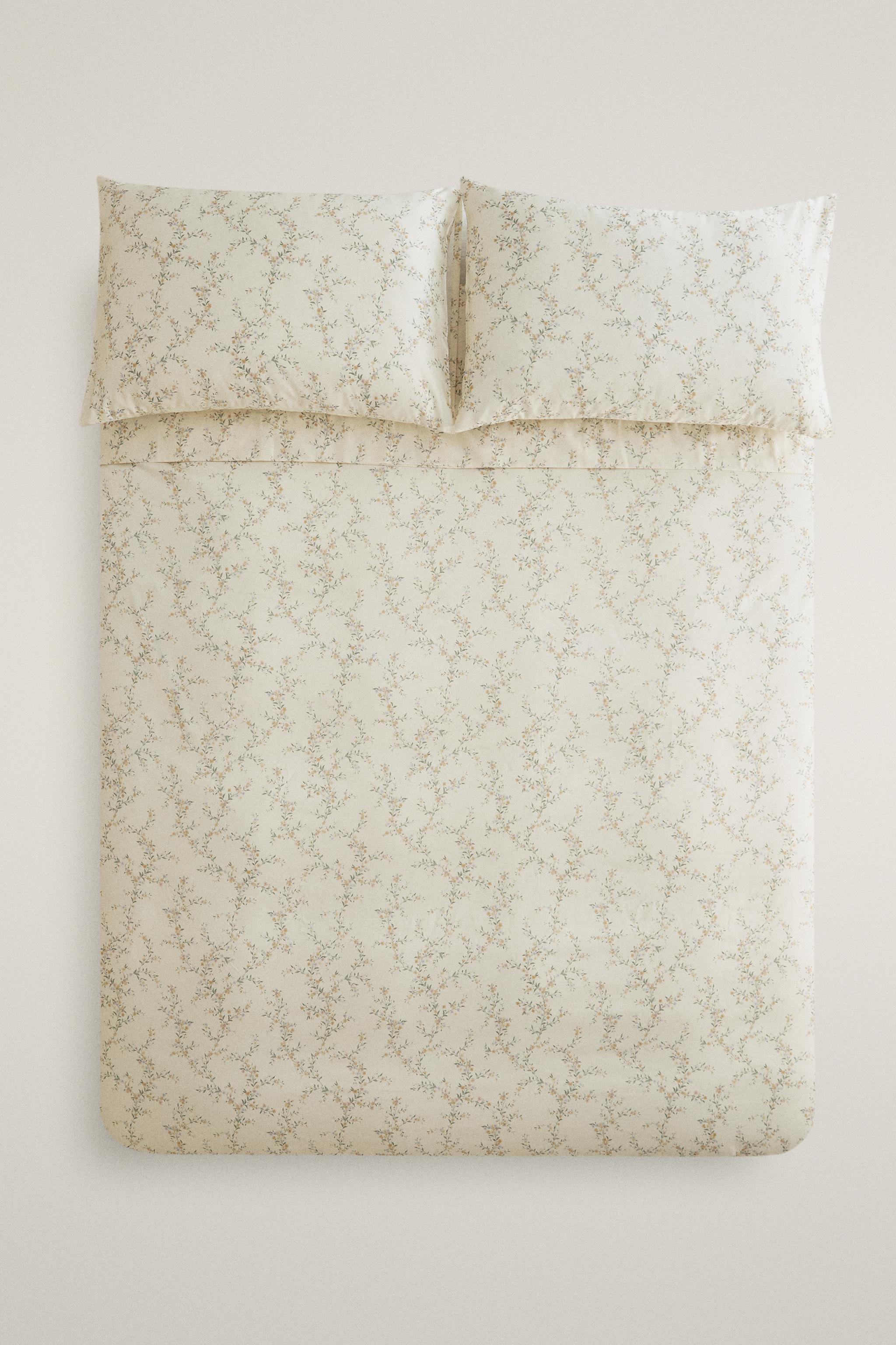 SATEEN FLORAL PRINT DUVET COVER — Ecru