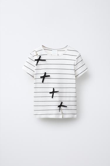 Zara RIBBED STRIPED TOP WITH BOWS - Black / White - Image 0