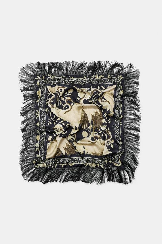 LENÇO ESTAMPADO COM FRANJAS - castanho da Zara - Imagem 0