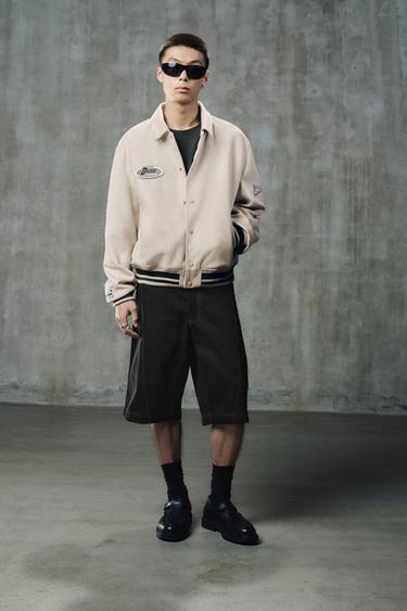 Zara 人造麂皮布章刺繡學院風外套 - 裸色