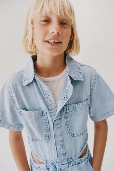 Zara CUT-OUT DENIM SHORT JUMPSUIT - Blue