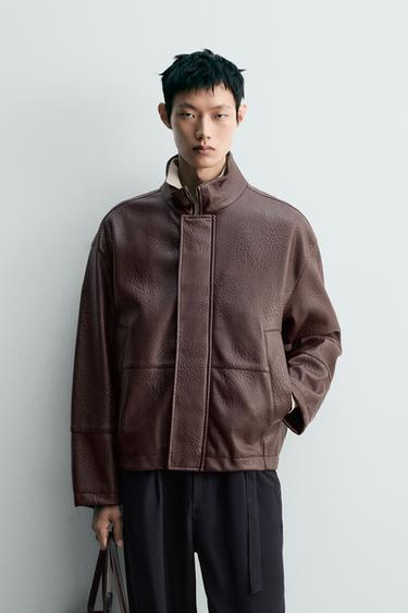 Zara 紋理仿皮外套 - 絳紅色