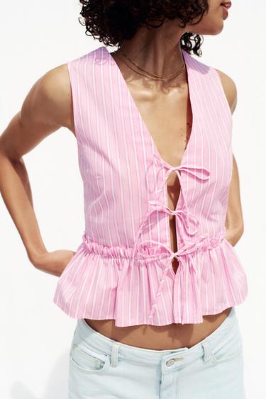 TOP RAYÉ AVEC LACETS - Rose / Blanc de Zara - Image 3