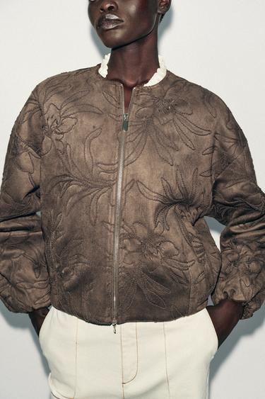 EMBROIDERED FAUX SUEDE BOMBER JACKET - Khaki by Zara - Image 4