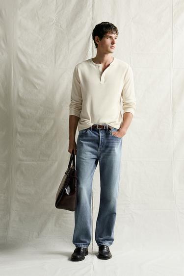 Zara COTTON-LINEN HENLEY T-SHIRT - Light beige - Image 0