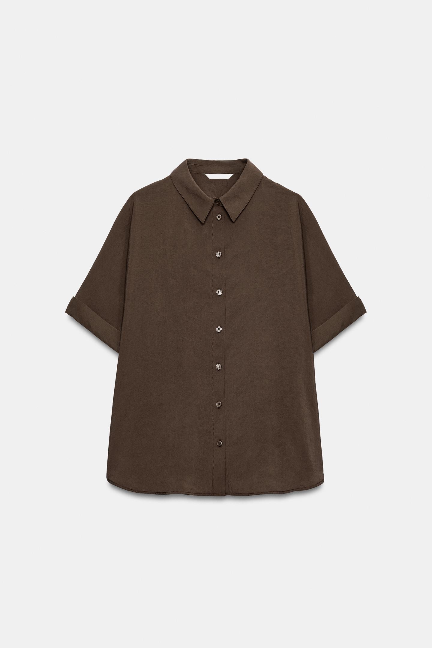 Женская рубашка Zara Flowy Short Sleeve, цвет: Тёмный коричневый — фото 8
