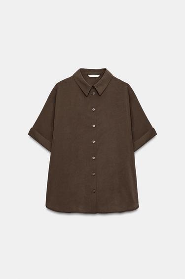 Zara FLOWY SHORT SLEEVE SHIRT - Dark brown