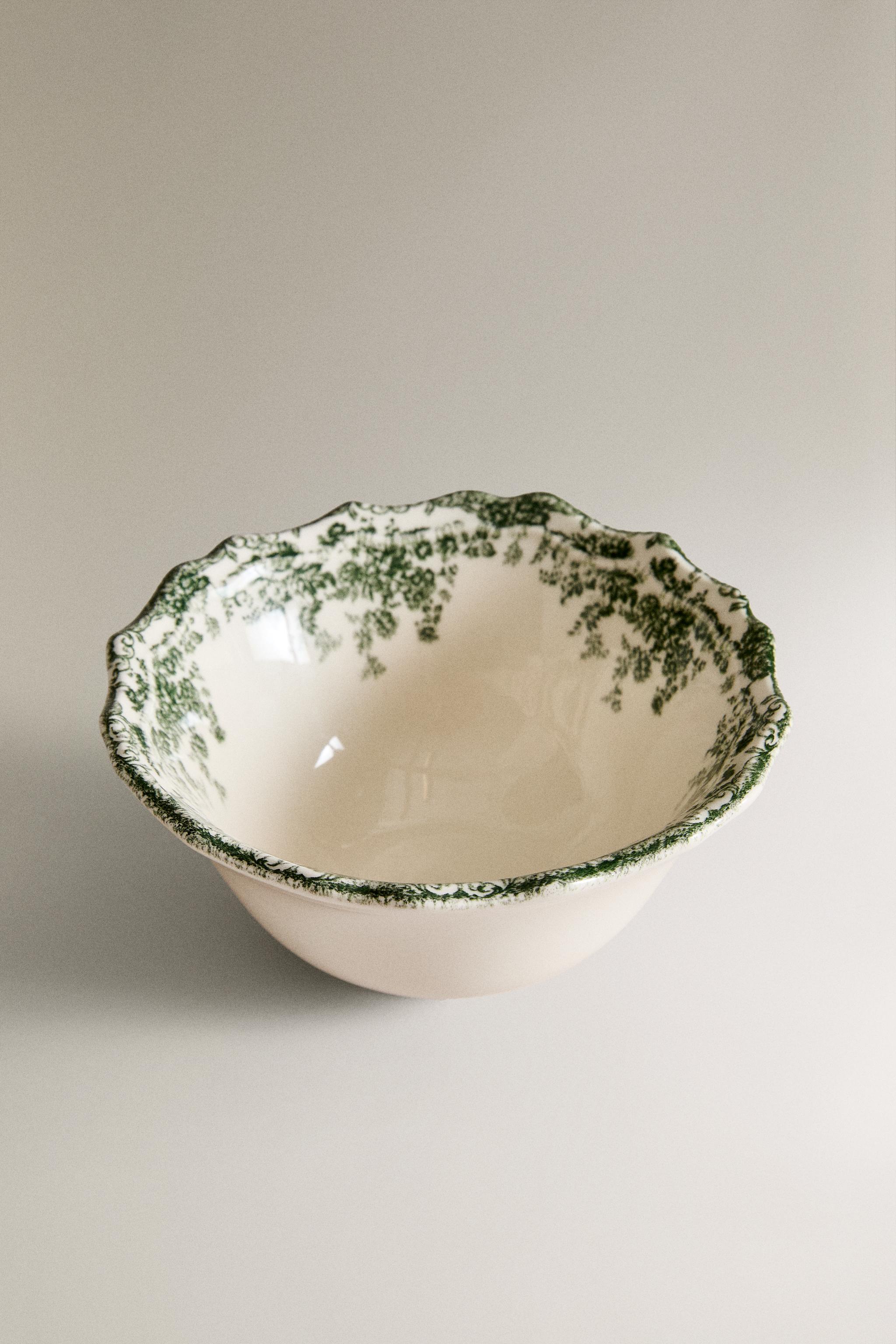 FLORAL EARTHENWARE SNACK BOWL — Dark olive