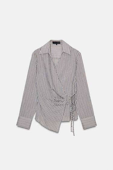 CHEMISE CACHE-CŒUR À RAYURES AVEC NŒUD - Gris chiné de Zara - Image 6