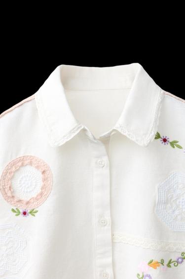 CAMISA BORDADOS CON ALGODÓN Y LINO - Crudo de Zara