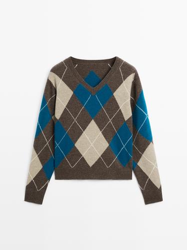 Jersey punto rombos mezcla lana - Azul fuerte de Zara