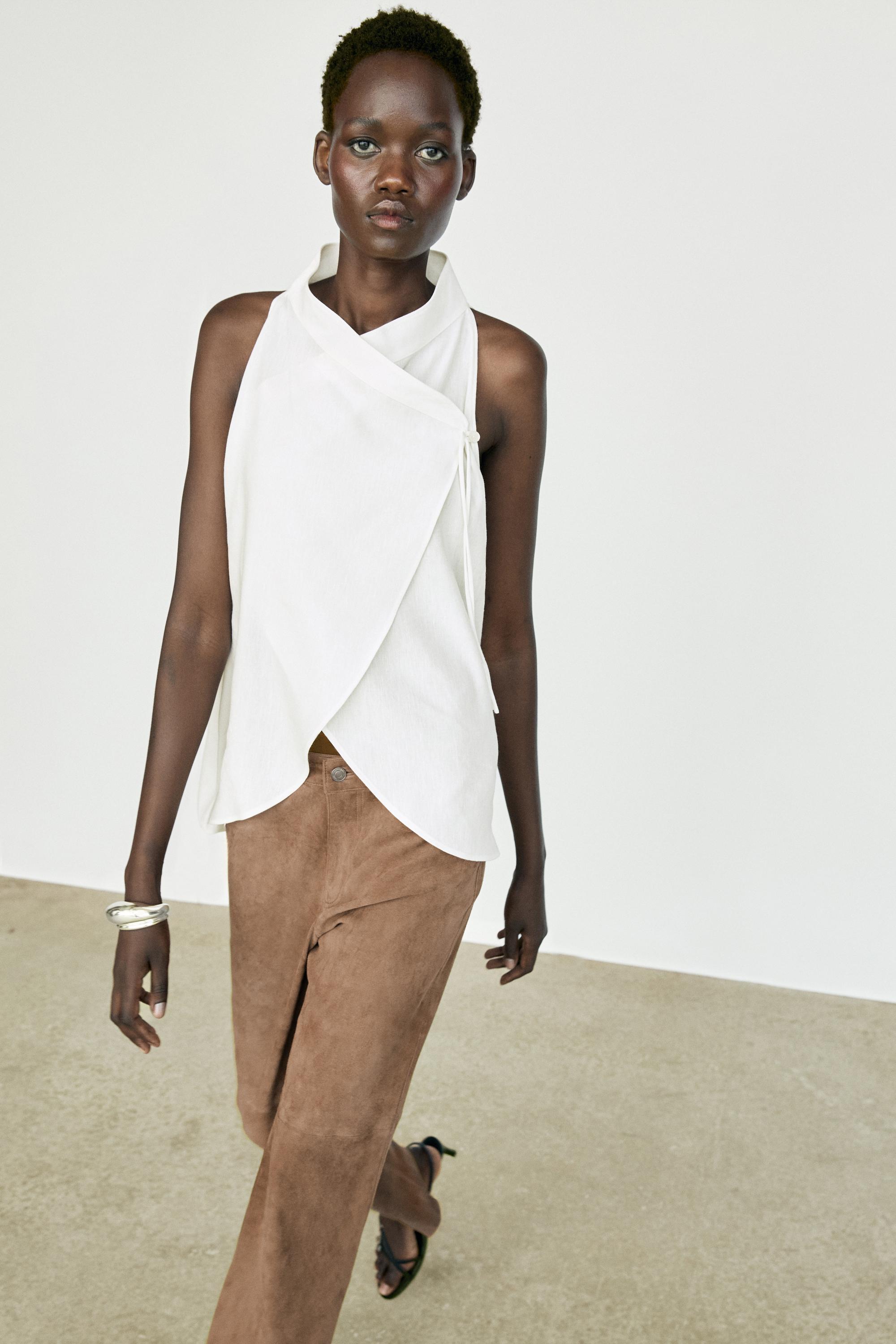 Flowing linen halter crossover top — White