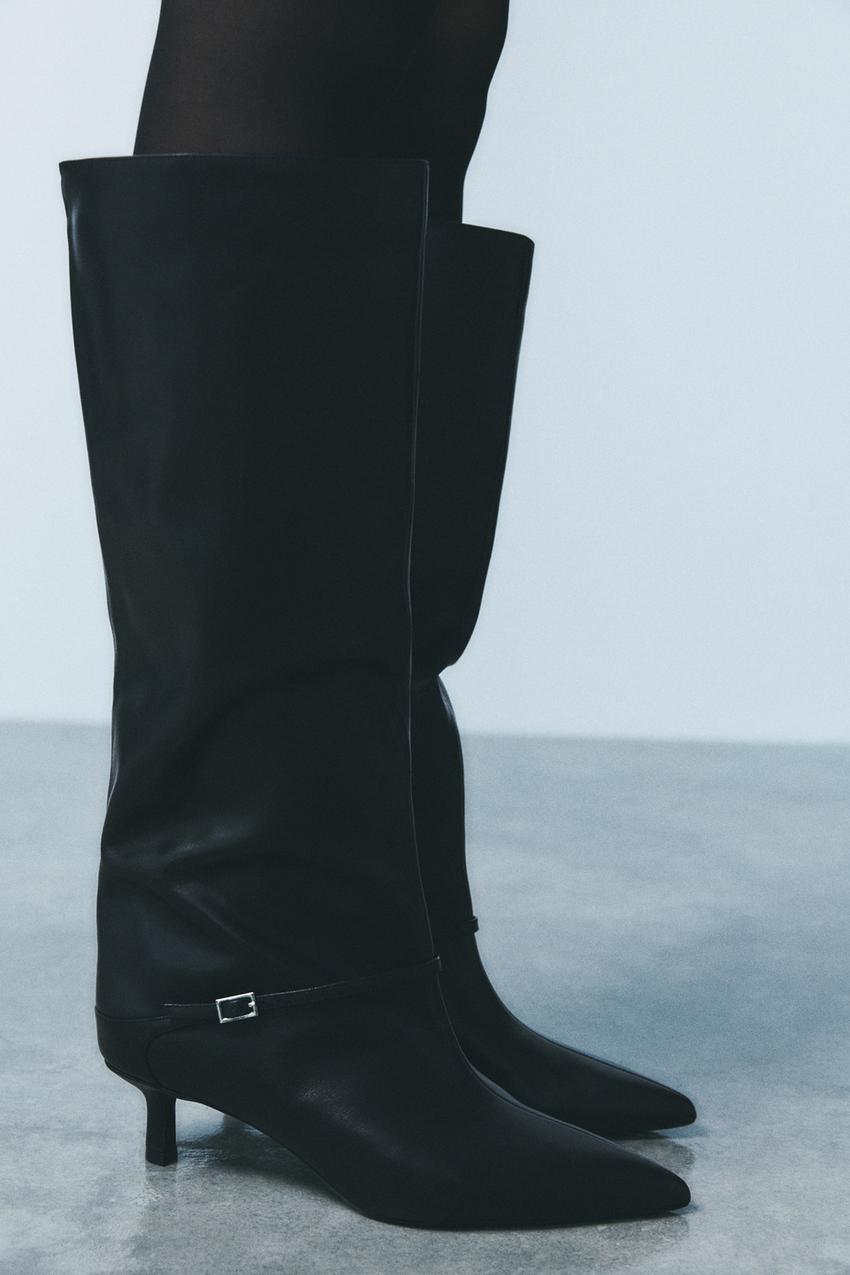 バックル付きレザーキトンヒールブーツ - ブラック | ZARA Japan / 日本