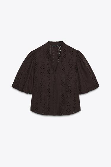 SHIRT WITH CUTWORK EMBROIDERY AND PUFF SLEEVES - Brown by Zara