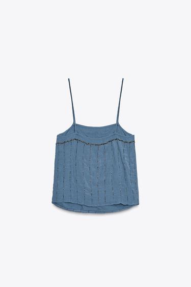 Zara BEADED STRAPPY TOP - Petrol blue
