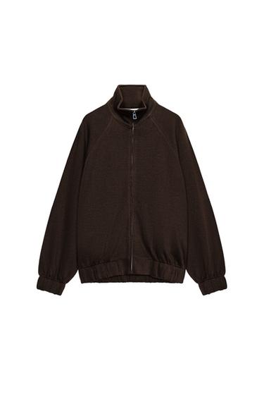 Front view of dark terracotta sweatshirt with roll neck, front zip fastening, long sleeves with cuffs and elasticated hem.