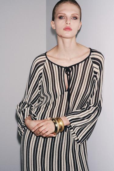 STRIPED KNIT DRESS WITH LINEN - Ecru / Black by Zara - Image 1