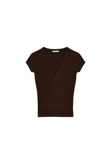 V-NECK T-SHIRT - Brown by Zara
