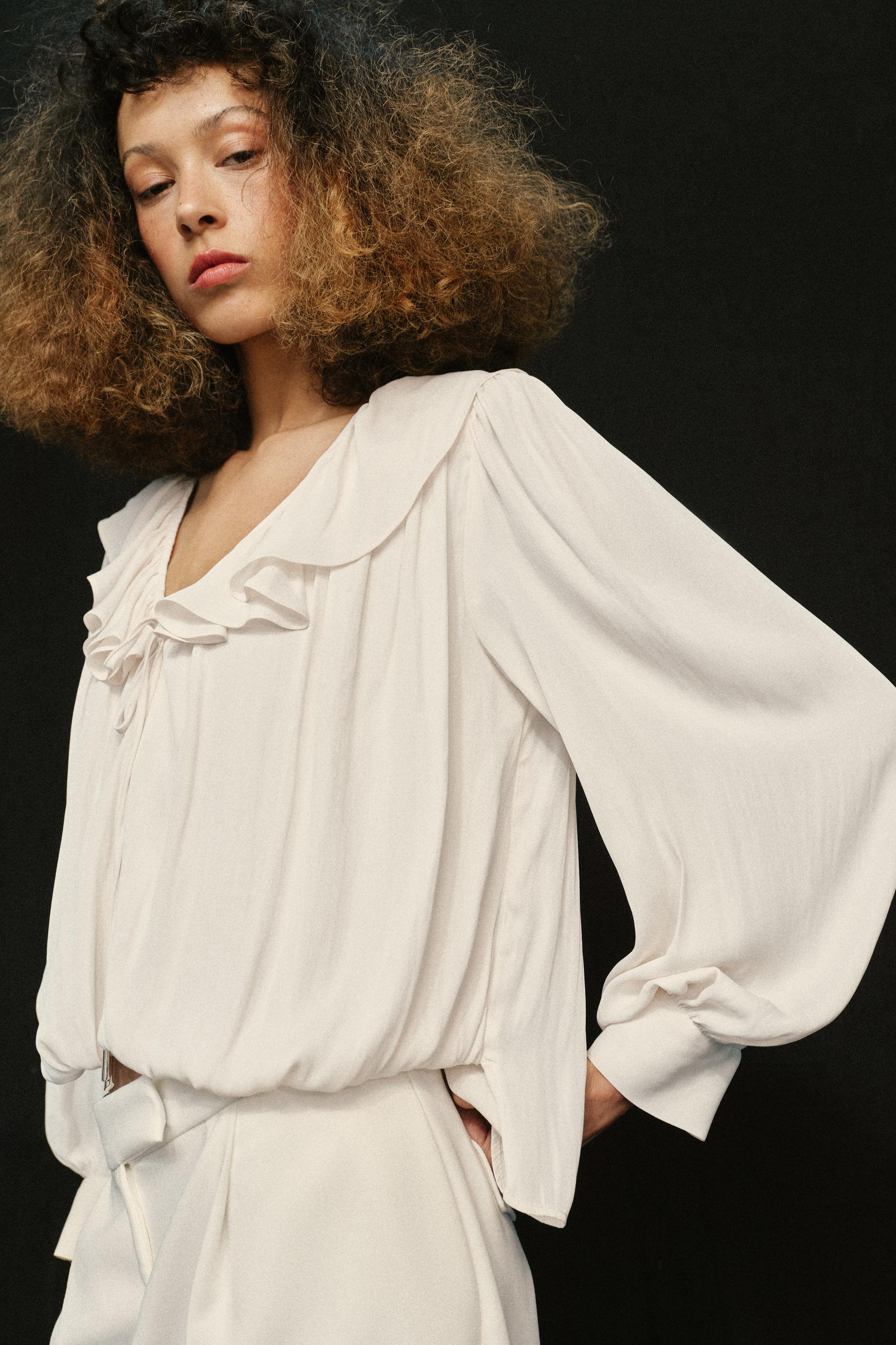 RUFFLED SATIN EFFECT BLOUSE WITH SHOULDER PADS