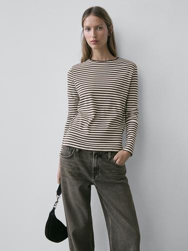 Zara Striped long sleeve T-shirt with contrast detail - Brown