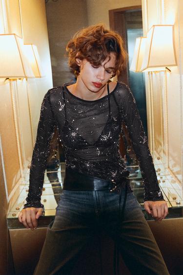 Zara BEADED EMBROIDERED DRAPED TULLE TOP - Black