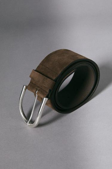 Zara Split suede leather belt with metallic buckle - Khaki - Image 0
