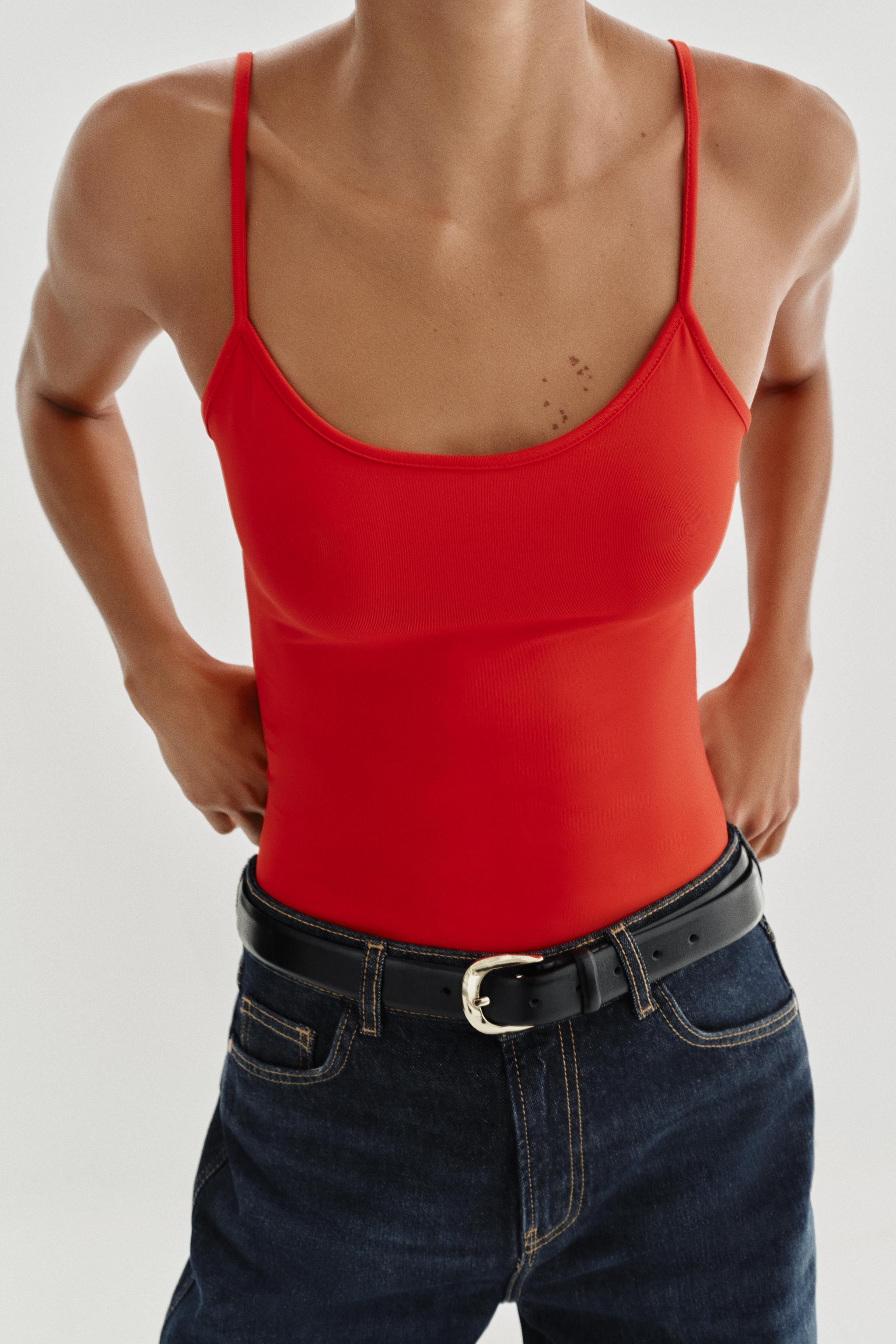 STRAPPY POLYAMIDE TANK TOP — Coral red