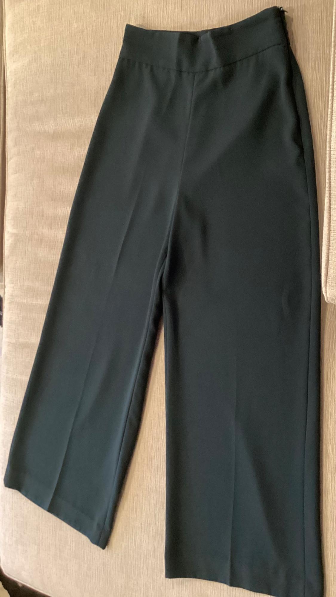 Front view of dark-colored wide-leg pants with a high waist.