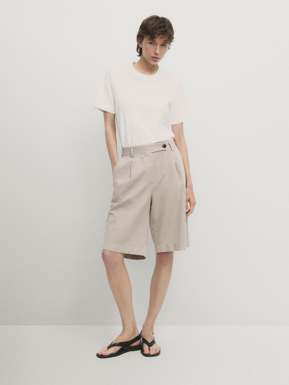 Cotton and linen blend Bermuda shorts with darts - Sand | ZARA United ...