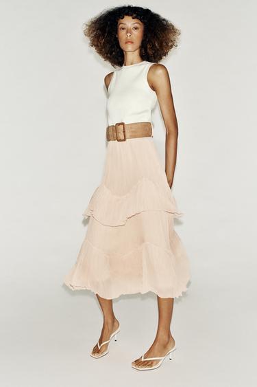 VESTIDO MIDI COMBINADO CINTURÓN - Rosa / Blanco de Zara