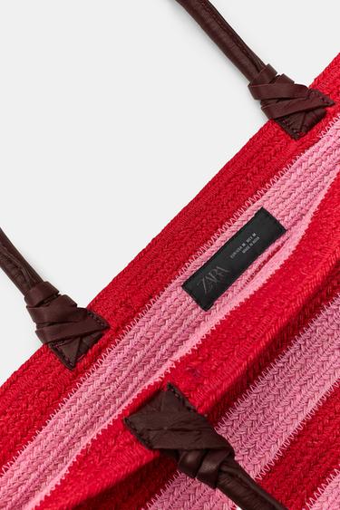 STRIPED JUTE LEATHER BAG - Red by Zara - Image 4