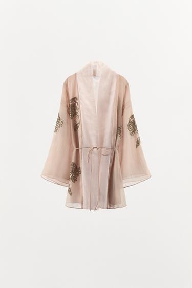 SHORT SILK KIMONO WITH BEADS - Pink by Zara - Image 3