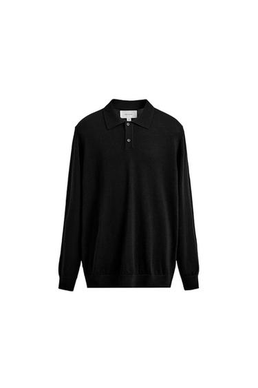 Zara 100% WOOL KNIT POLO SHIRT - Black