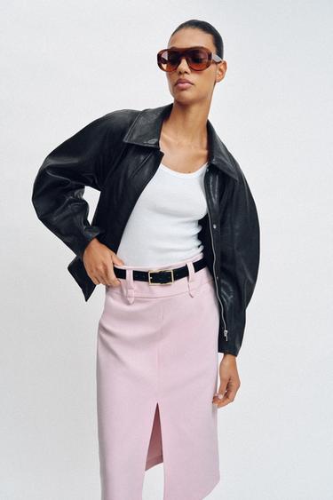 Zara FAUX LEATHER BELTED JACKET - Black / White